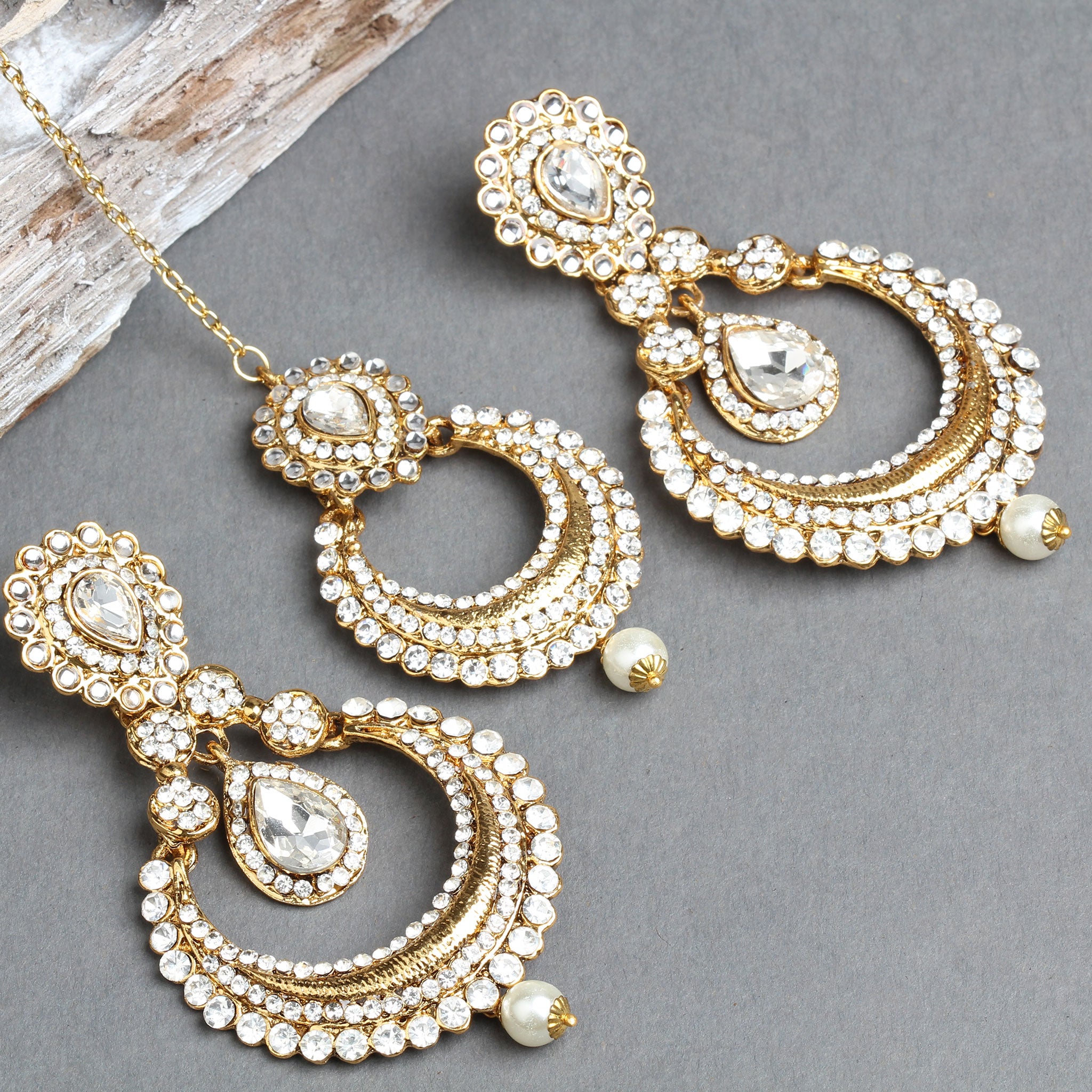 Traditional Grey Earrings with Maang Tikka for Party | FashionCrab.com